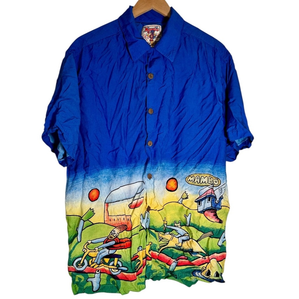 Vintage Mambo Loud Shirt Jesus on a Bicycle Shirt Sleeve Button Down Men’s XL‎